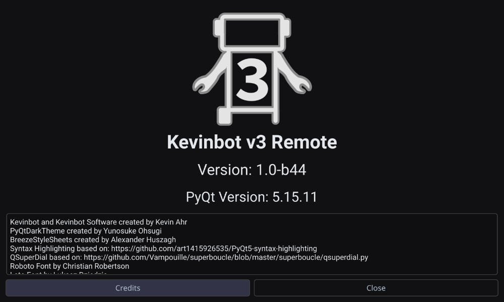 Screenshot of the settings about app for the Kevinbot v3 Remote, 1.0-b44
