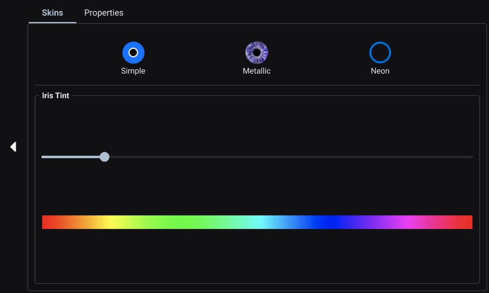Eye skin control (metallic skin) page of the remote application for the Kevinbot v3 Remote, 1.0-b44