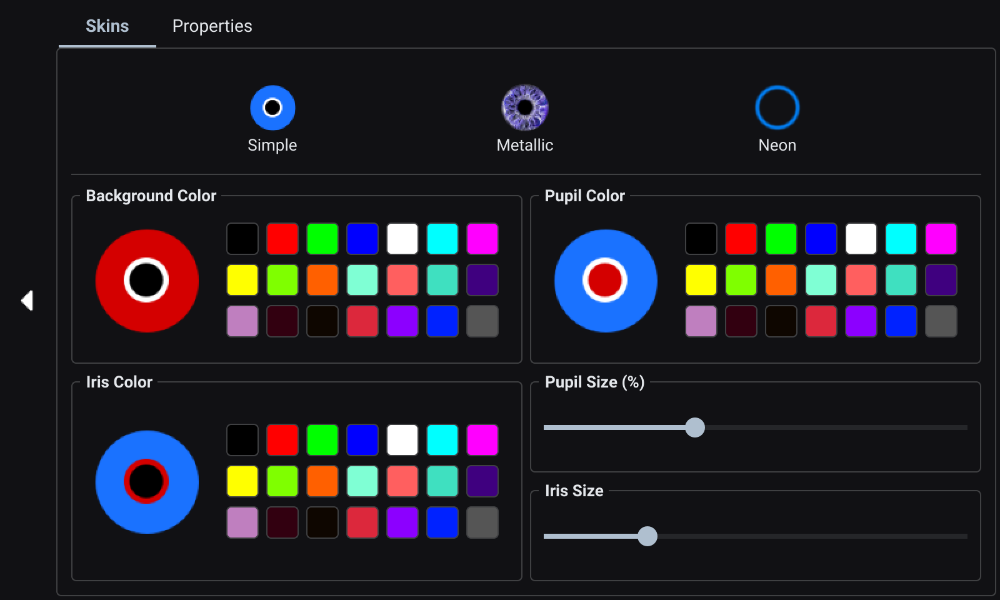 Eye skin control (simple skin) page of the remote application for the Kevinbot v3 Remote, 1.0-b44