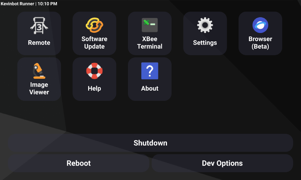 Screenshot of the apps menu for the Kevinbot v3 Remote, 1.0-b44