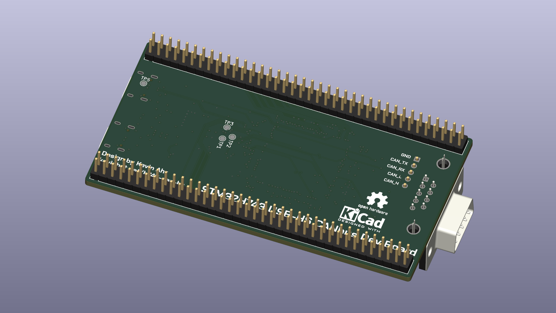3D render of the dev board in KiCAD, flipped