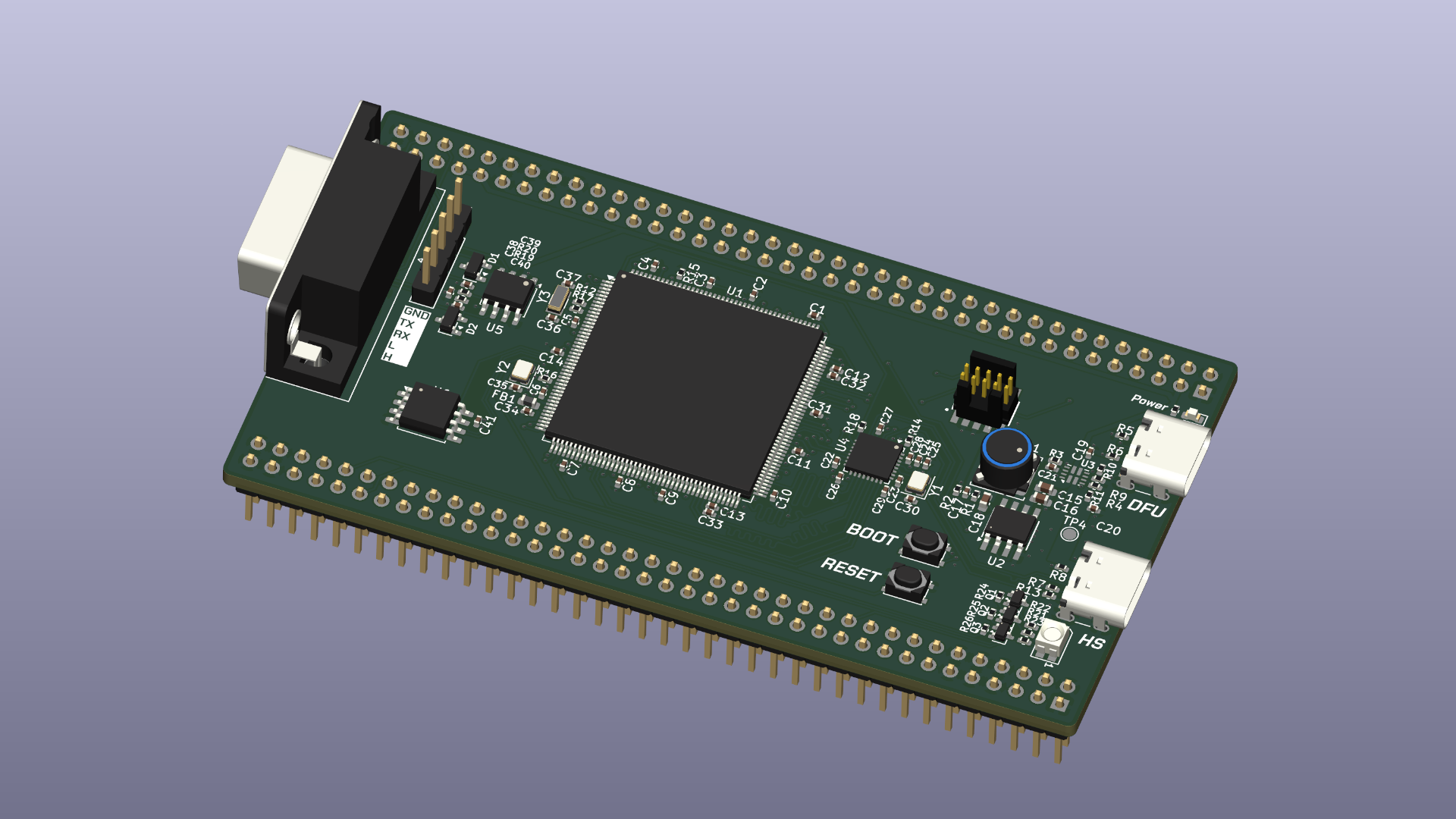 3D render of the dev board in KiCAD